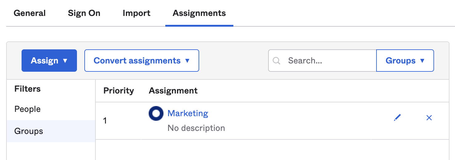 Assigning individuals and groups to Okta application